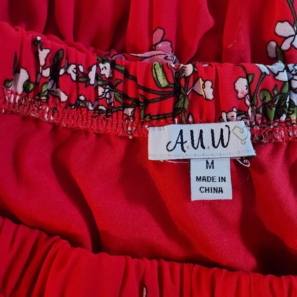 AUW Off Shoulder Dress Chiffon Floral High Low Size M Flowy Flutter Sleeves - Picture 9 of 16